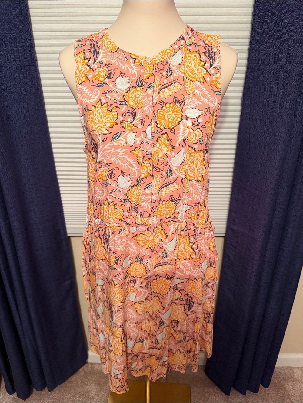 Sleeveless Peachy/Pink Floral Drop-Waist Dress
